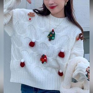 Gabby Isabella Festive White Cable Knit Christmas Sweater Size XL